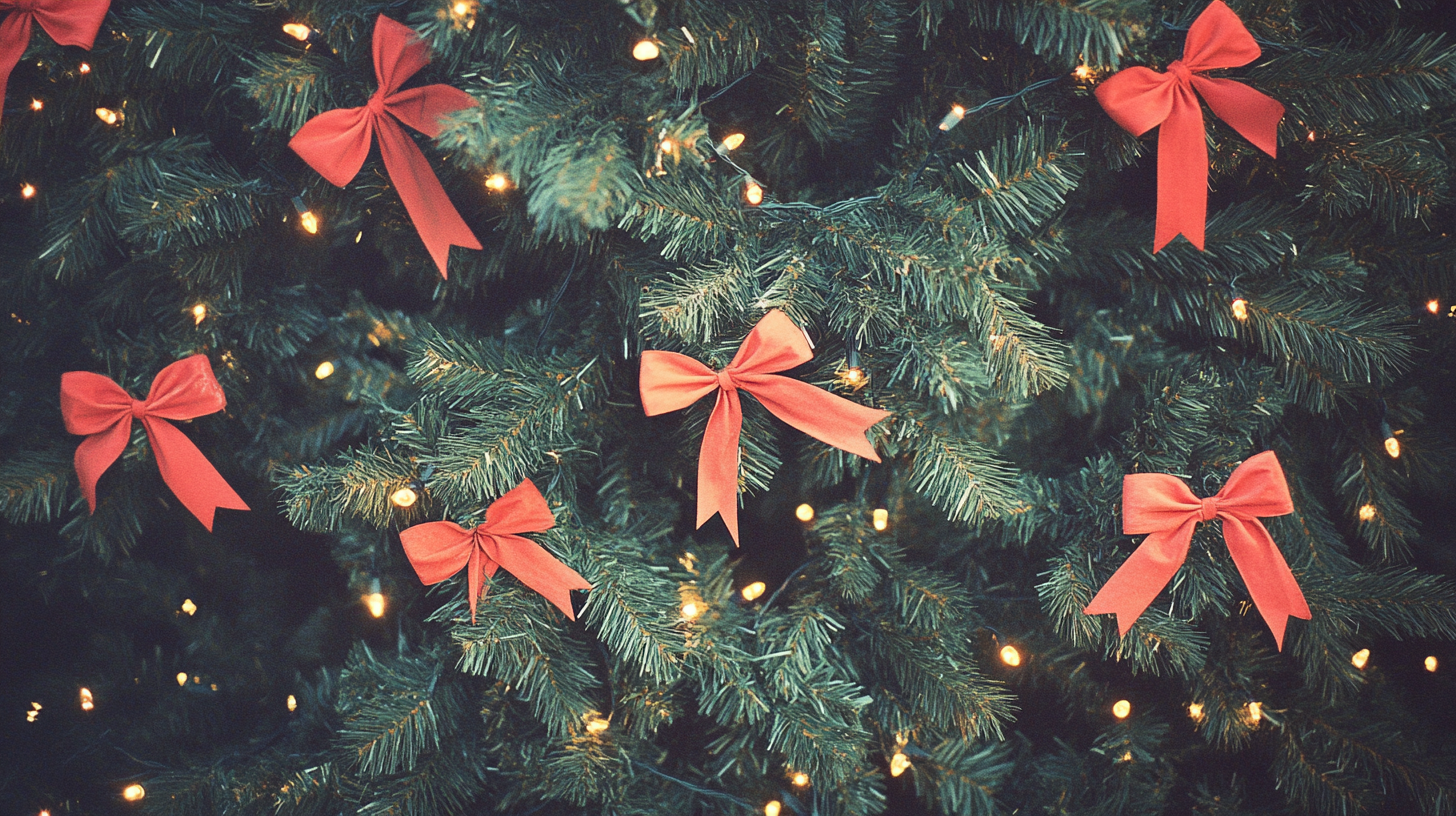 Close-up photo of 80s Christmas tree with lights.