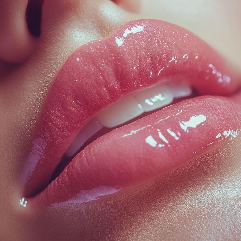 Close-up photo of Asian woman's pink lips, highly detailed.