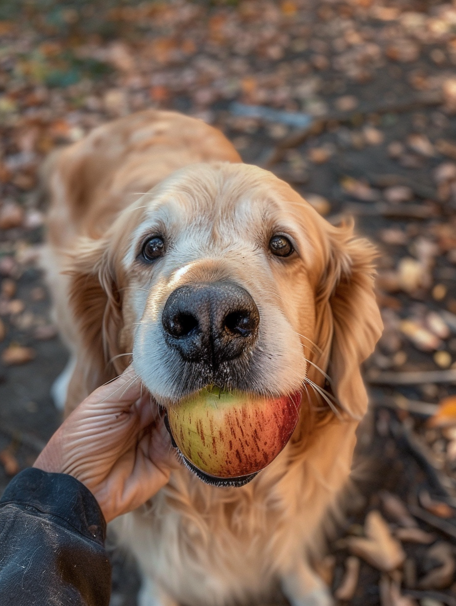 Close-up photo of golden retriever with apple.