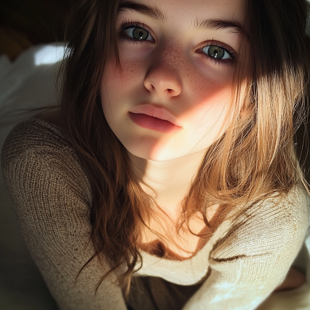 Close up photo of normal girl in French bedroom.