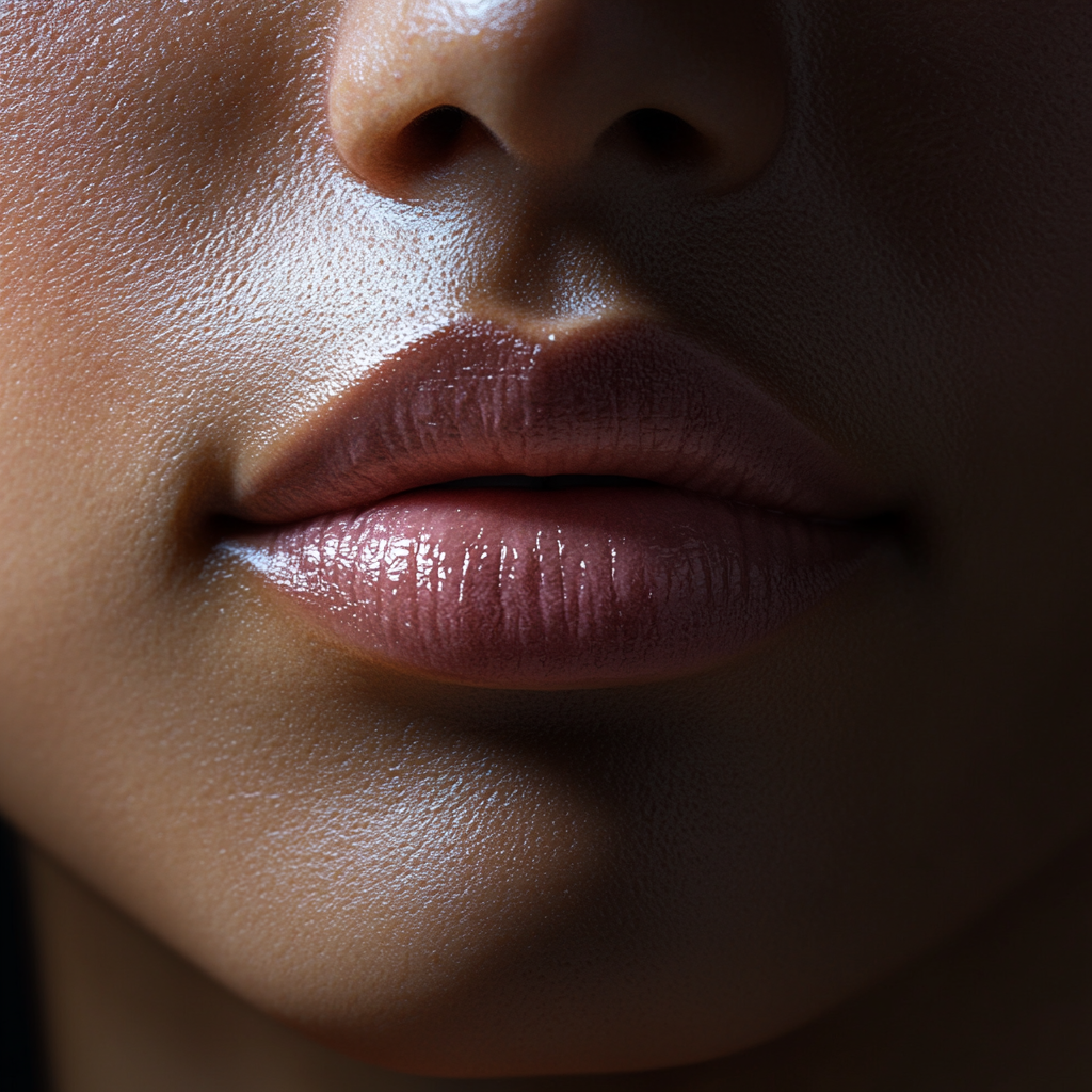 Close-up photo of plump pink lips, high quality.