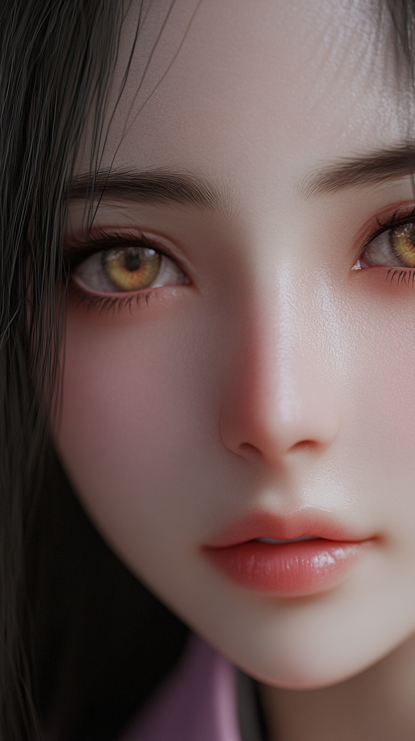 Close-up photo of realistic Nezuko with beautiful eyes.