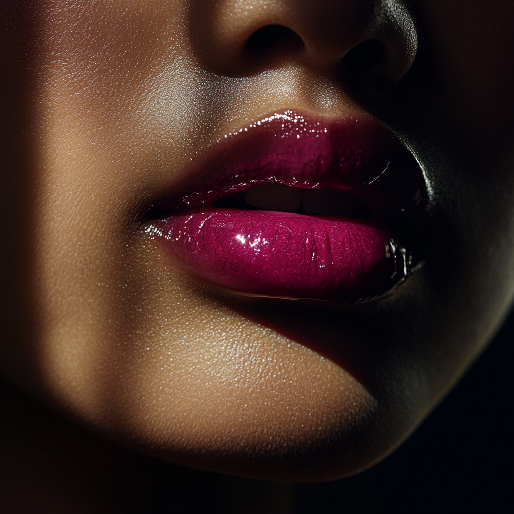 Close-up photo of woman's pink glossy lips. Intricate detail, high-definition.