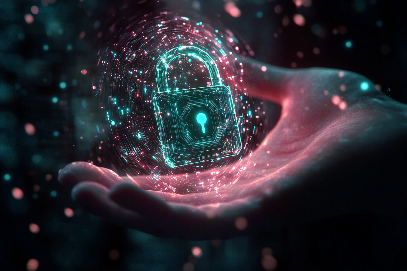 Close-up photorealistic shot of hand holding holographic padlock.