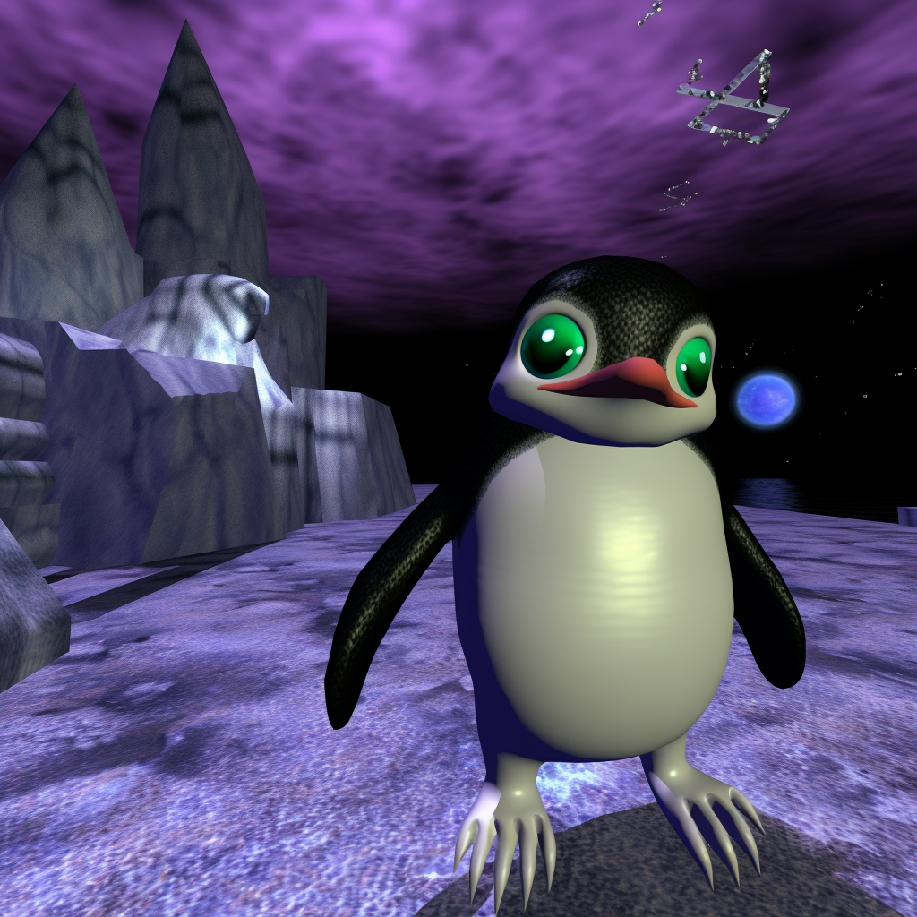 Close-up pixelated glitchart of cute penguin. PS1, GameCube.