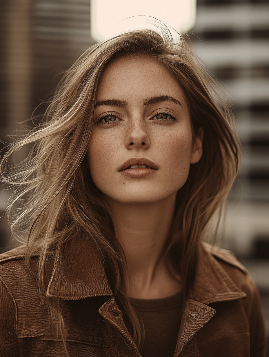 Close-up portrait of 28-year-old woman in sepia tones 