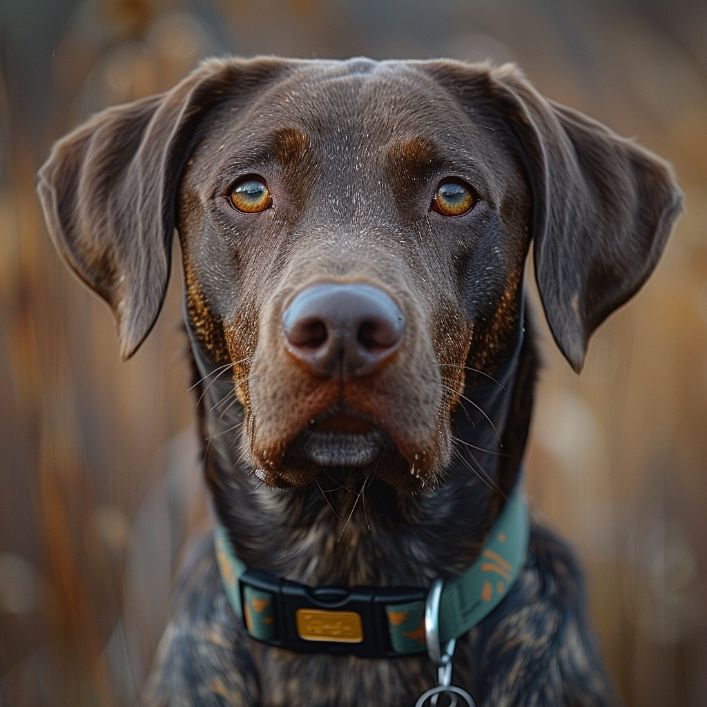 Close-up portrait of German Shorthaired Pointer wearing a green collar.