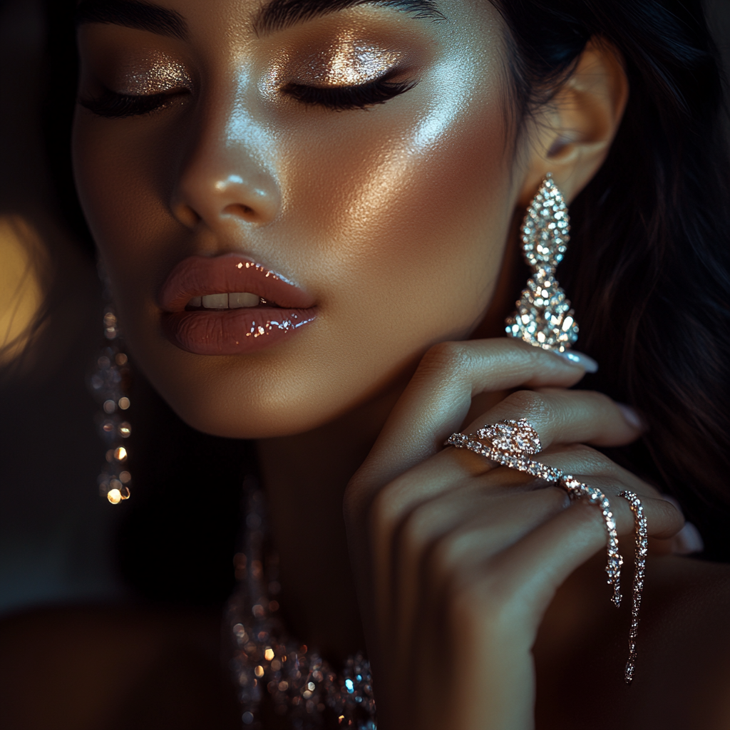 Close-up portrait of elegant Latina in luxurious setting.