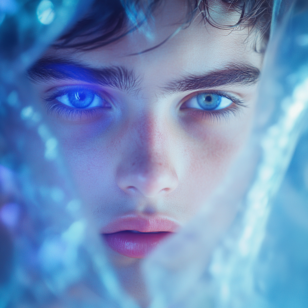 Close-up portrait with captivating blue eyes reflecting emotion.