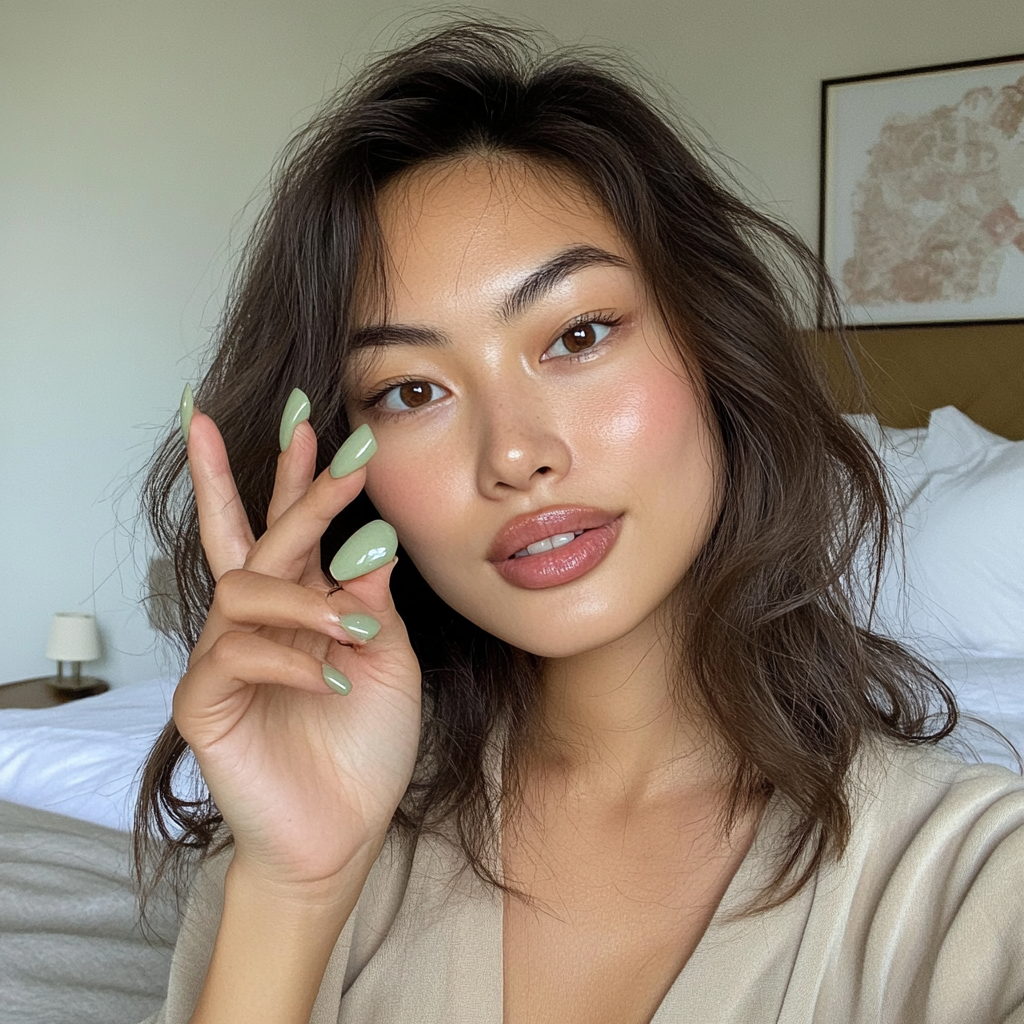 Close-up selfie of Asian woman showing new nails.