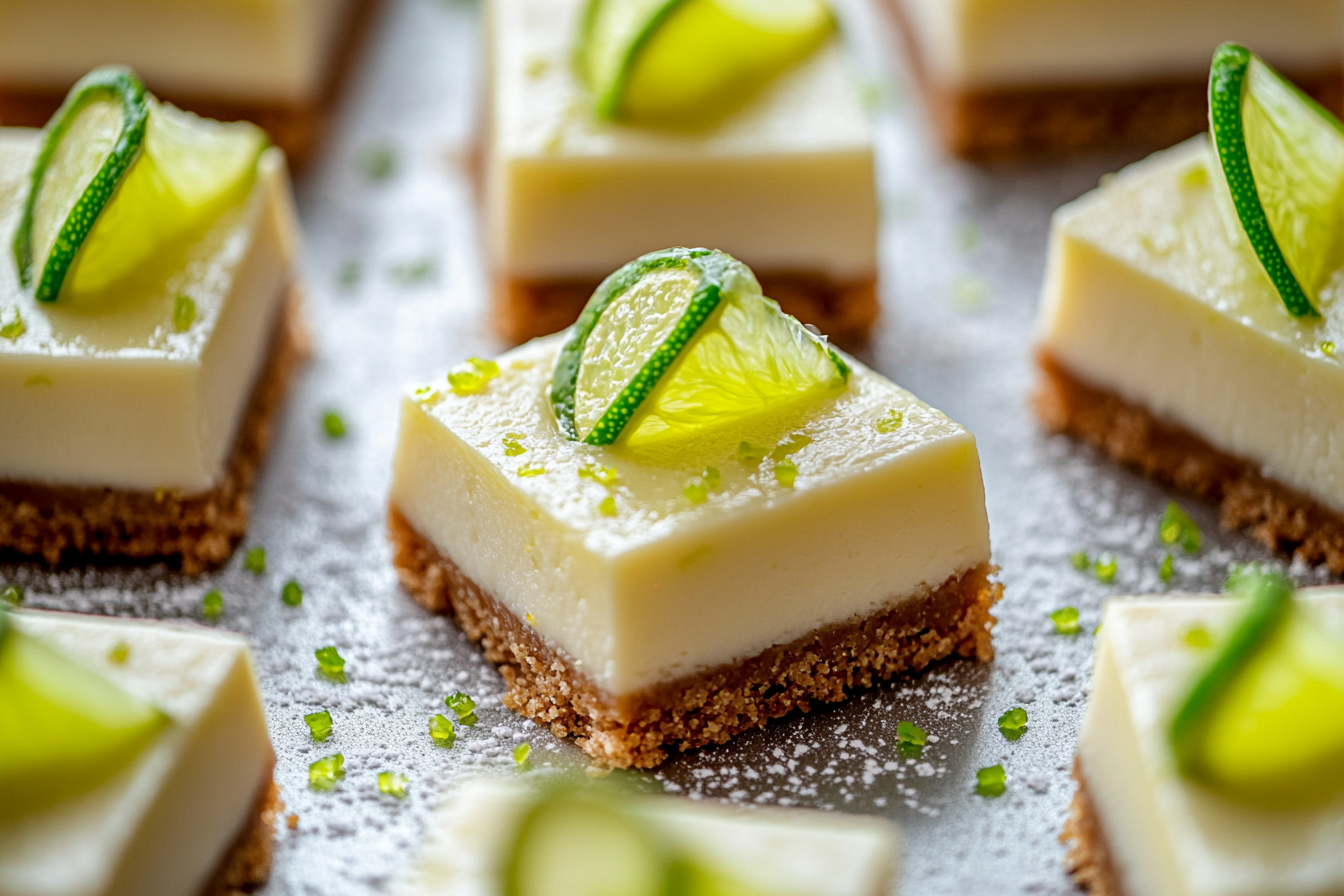 Close-up shot of Tempting Key Lime Bars. Luxurious, elegant, mouth-watering gourmet food photography.