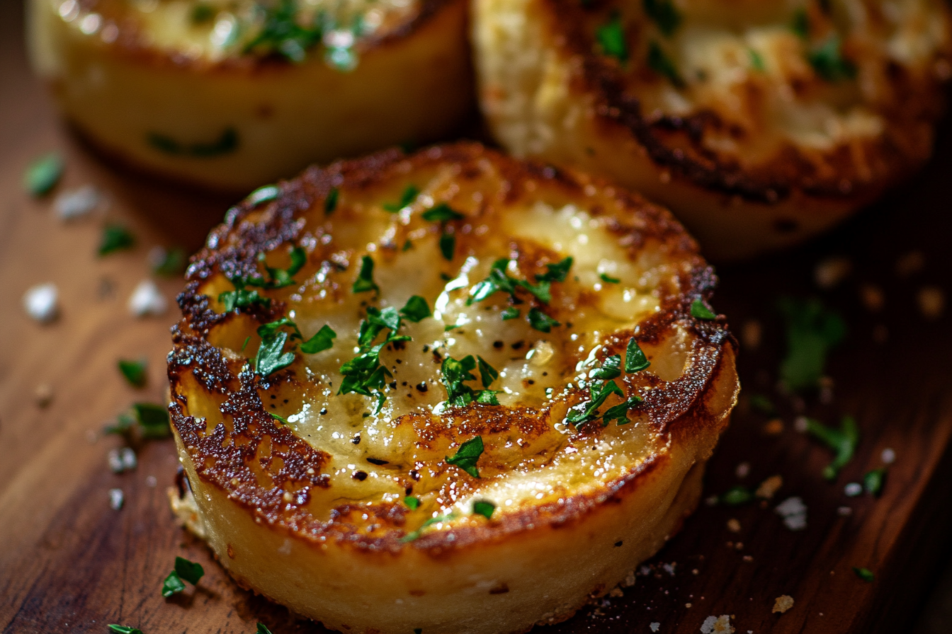 Close-up shot of garlic bread looking tempting. Luxurious composition.