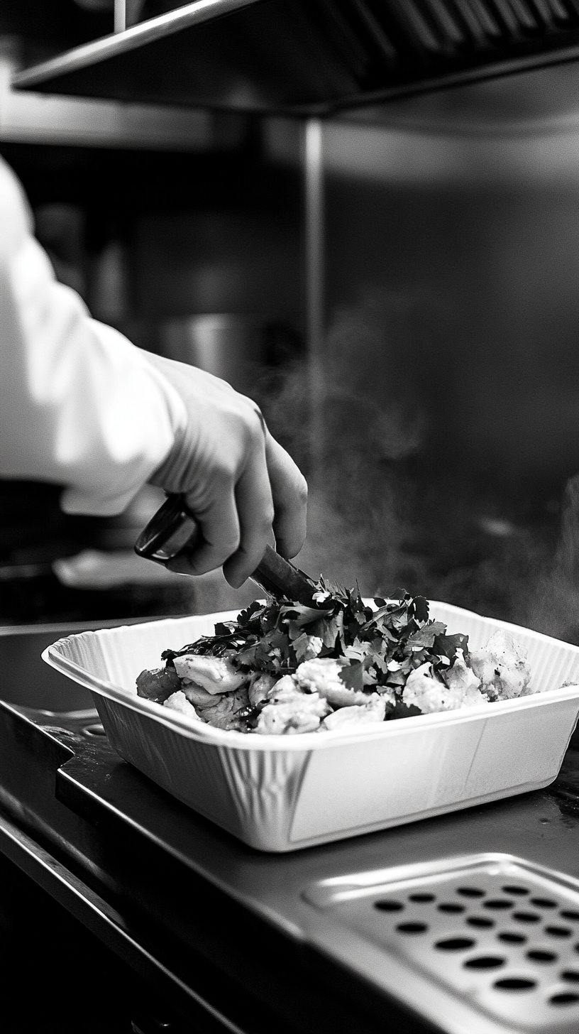 Close-up shot of garnishing chicken curry in kitchen.