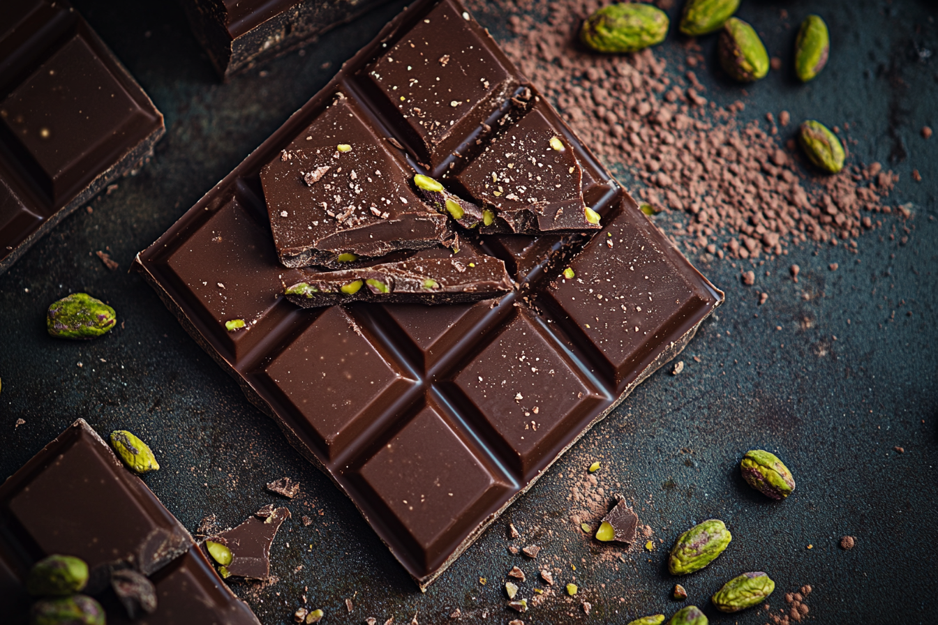 Close-up shot of luxurious Dubai pistachio chocolate bar.