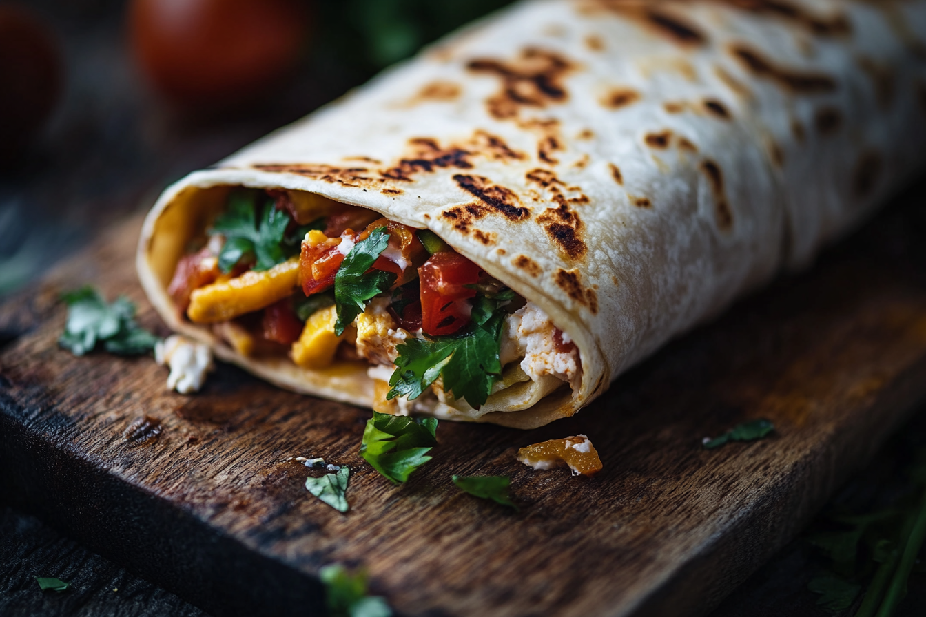 Close-up shot of luxurious tortilla wrap, tempting view.