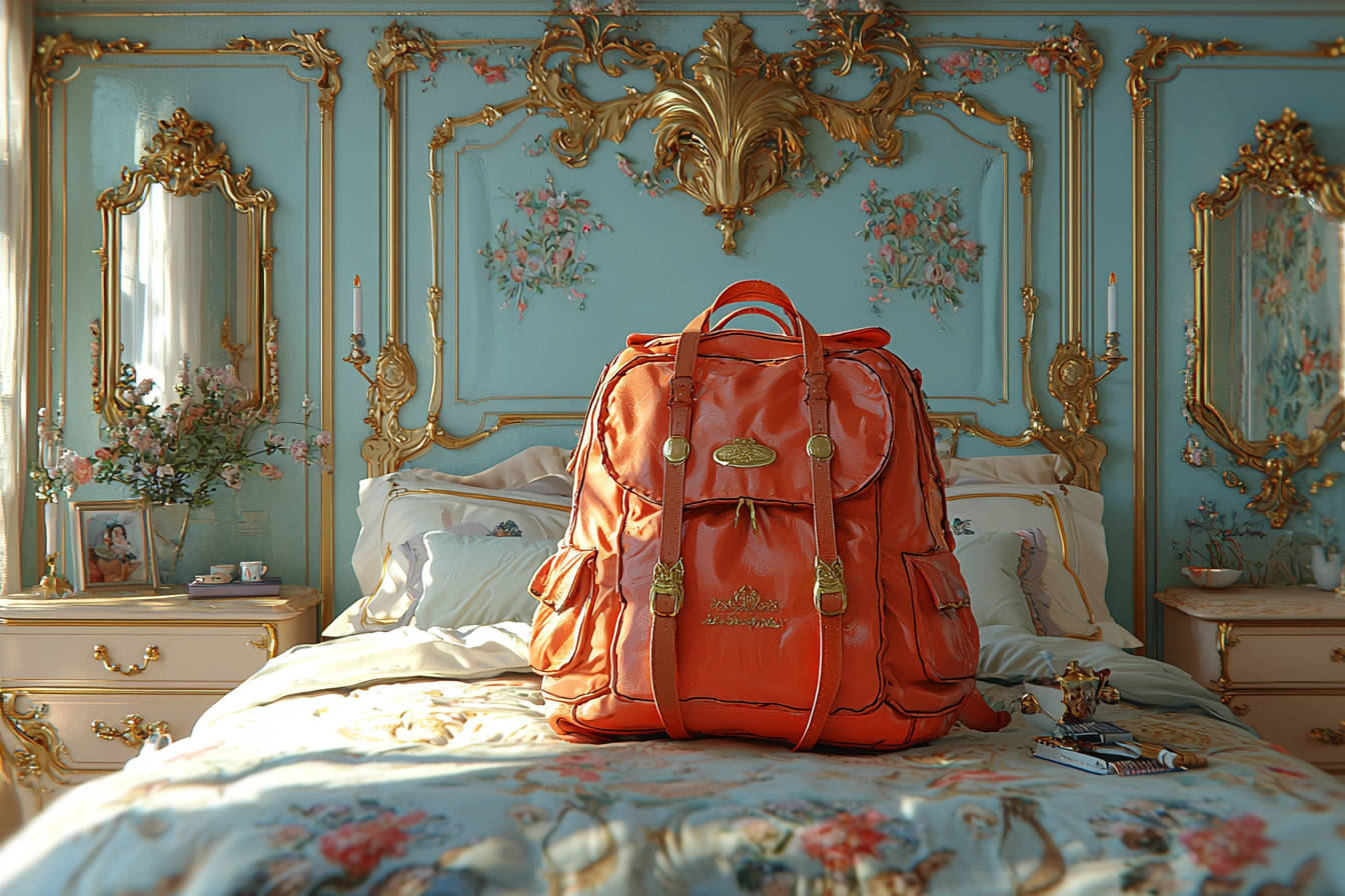 Close up shot of red backpack in princess bedroom.