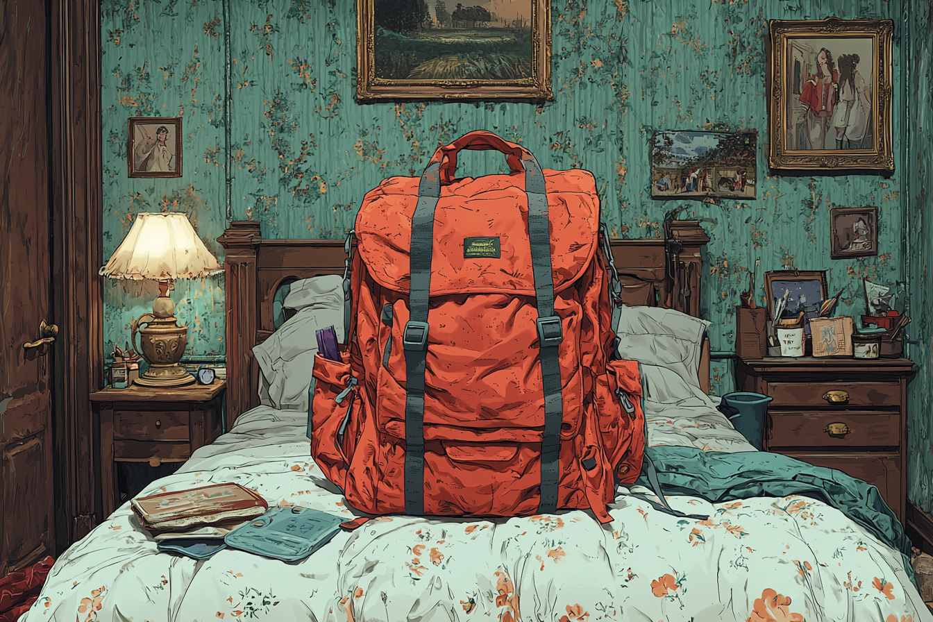 Close-up shot of red backpack on clean bed.