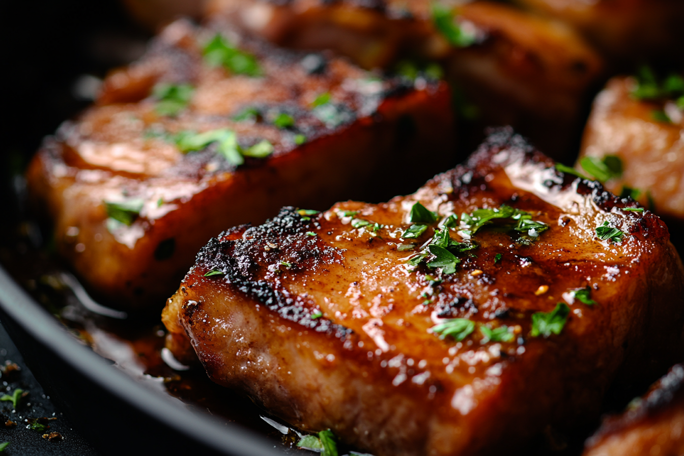 Close-up shot of smothered pork chops, luxurious lighting.