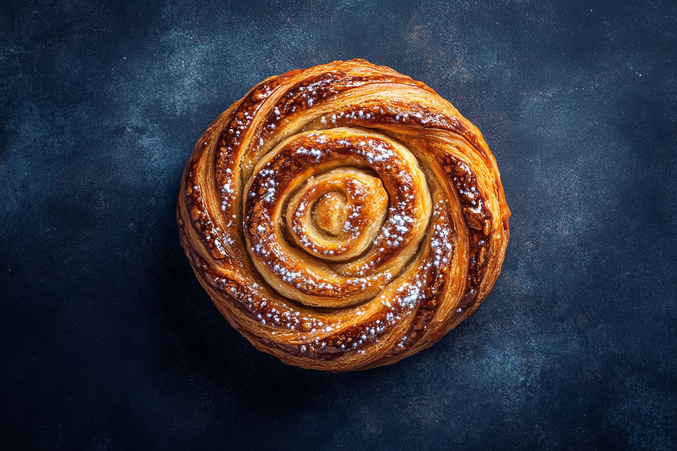 Close-up shot of tempting Caramilk Danish, luxurious lighting.