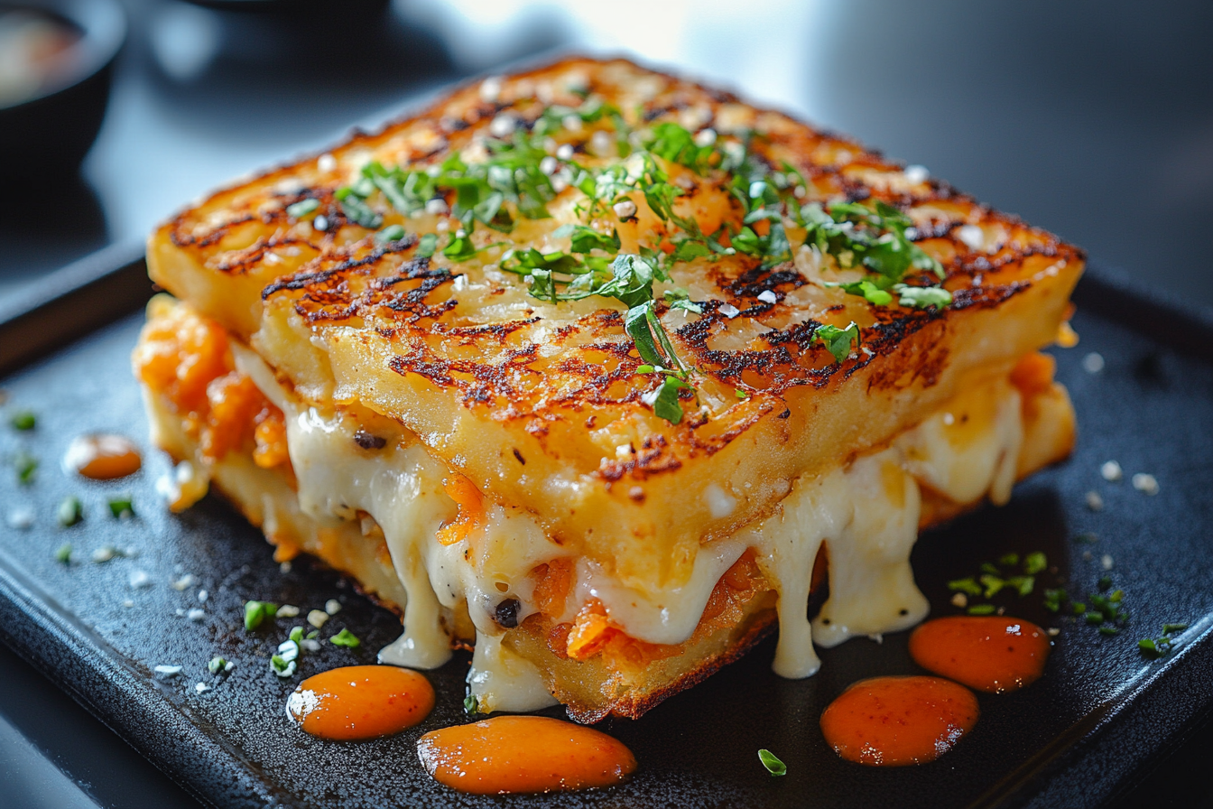 Close-up shot of tempting Hawaiian toastie with luxurious lighting.