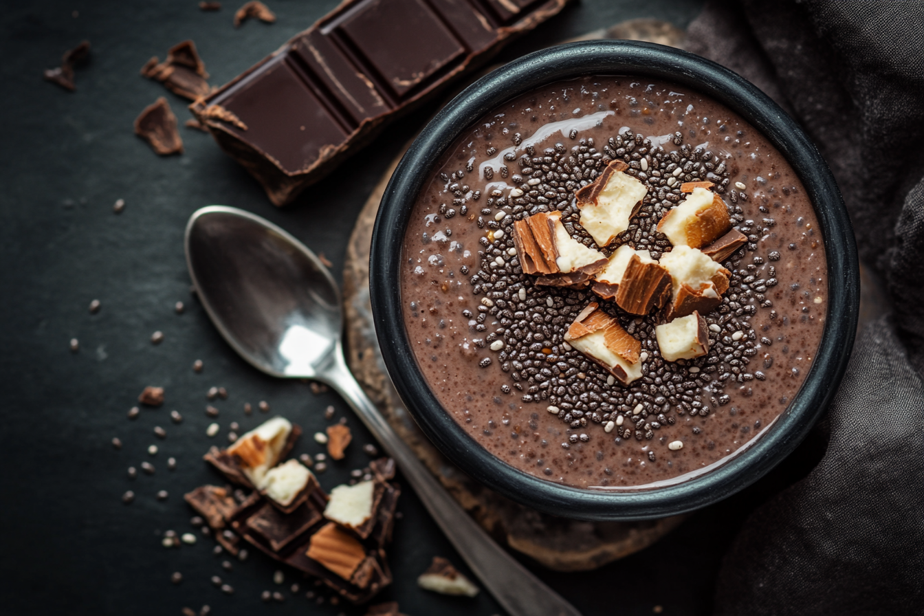 Close-up shot of tempting chocolate chia pudding. Luxurious, mouth-watering.