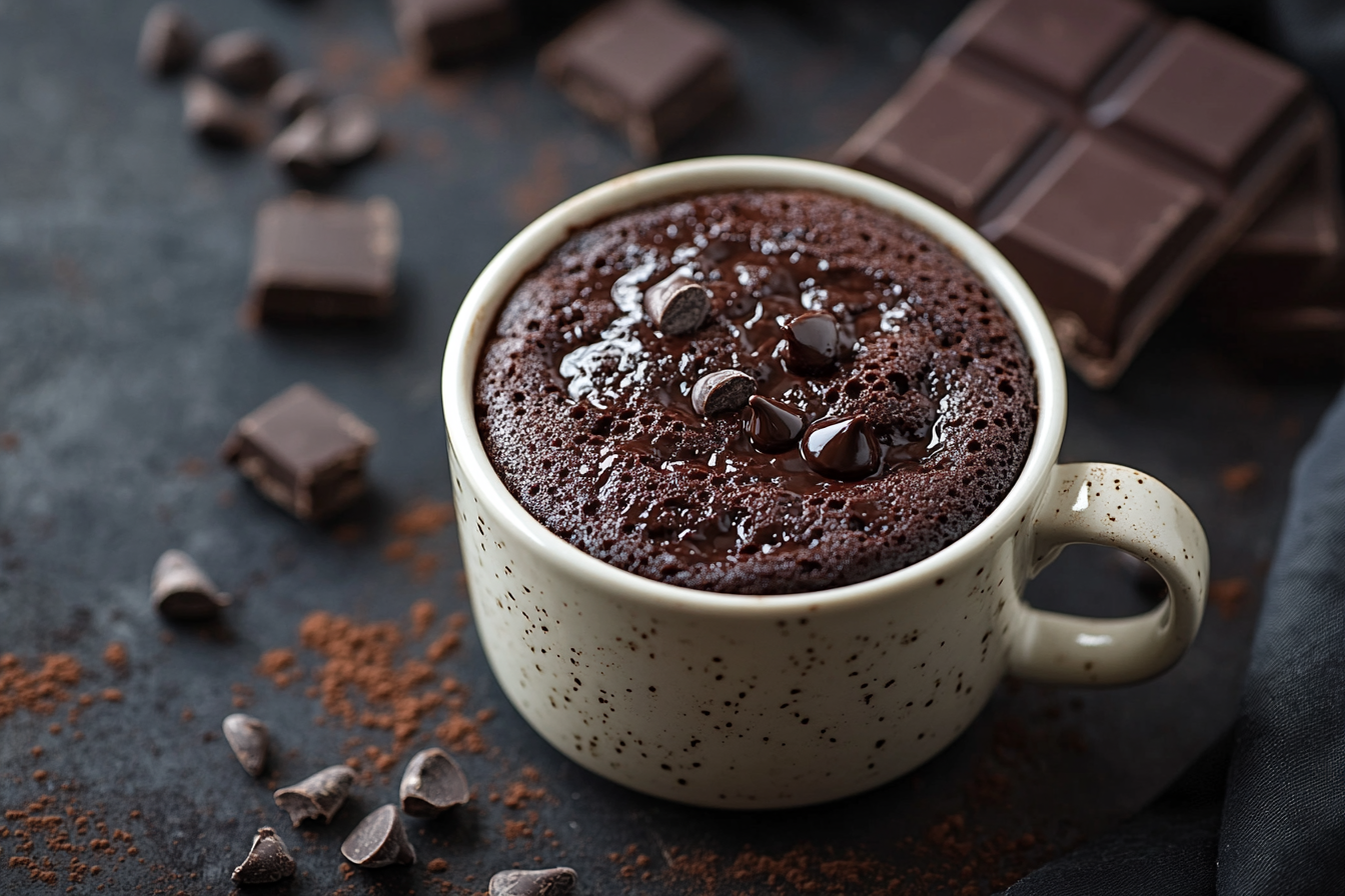 Close-up shot of tempting chocolate mug cake.