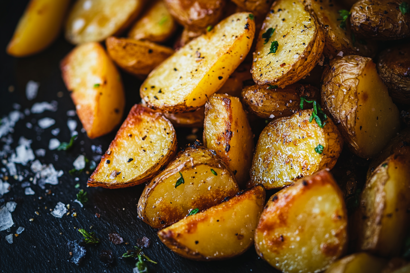 Close-up shot of tempting crispy potatoes, luxurious, elegant.