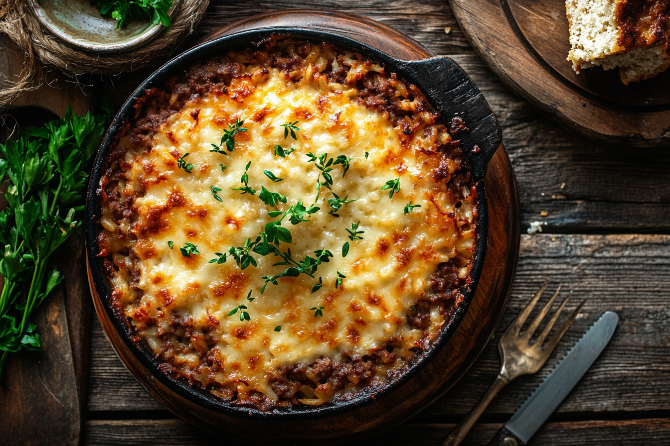 Close-up shot of tempting hamburger rice casserole.