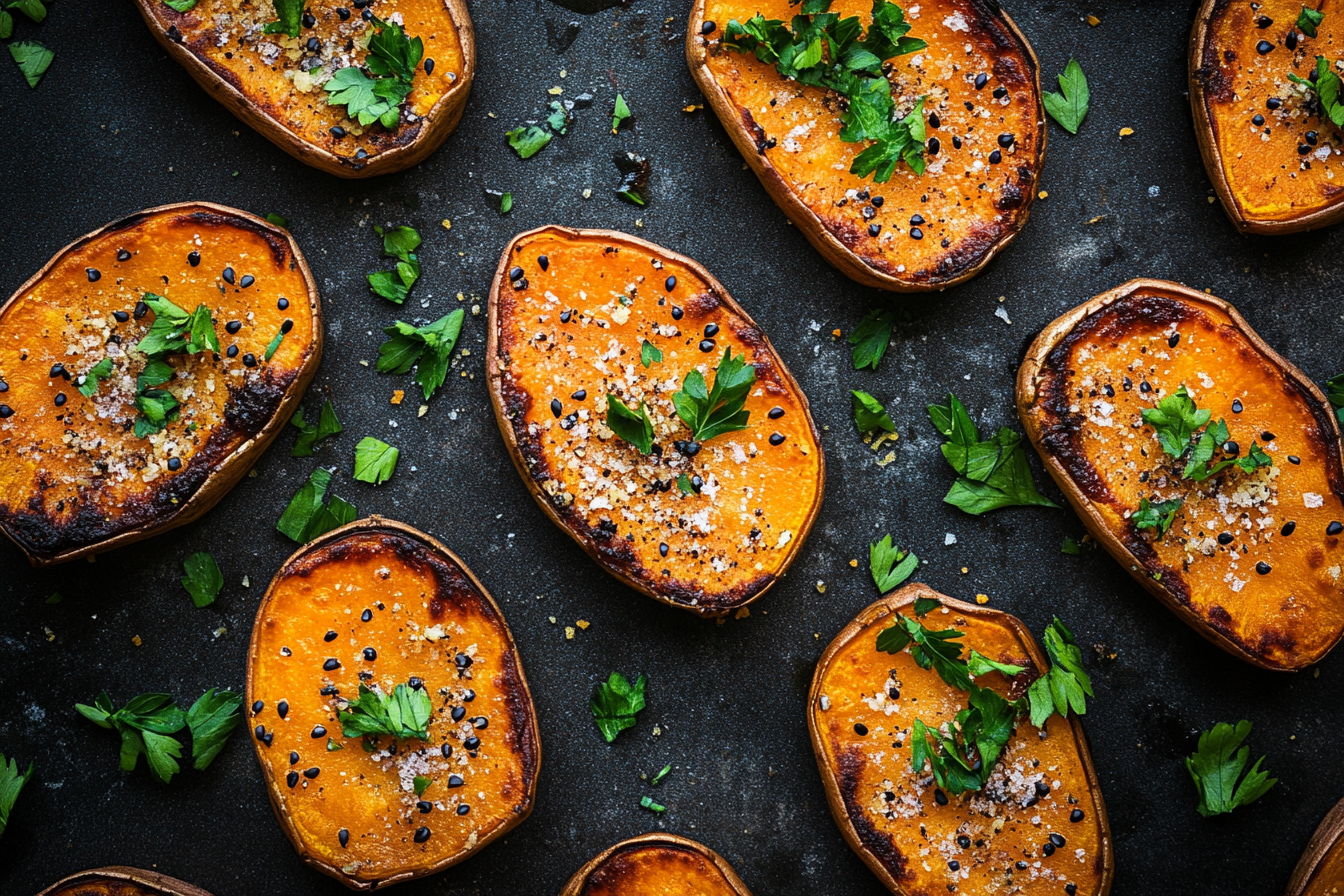 Close-up shot of tempting sweet potato toasts.