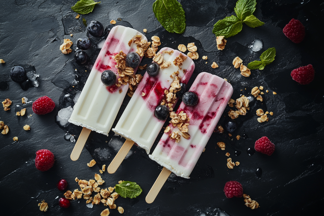 Close-up shot of tempting yogurt parfait popsicles.