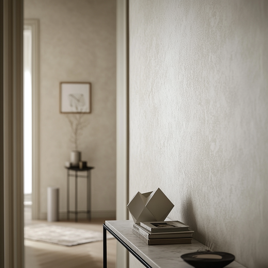 Close-up shot of white hallway wall with wallpaper space.