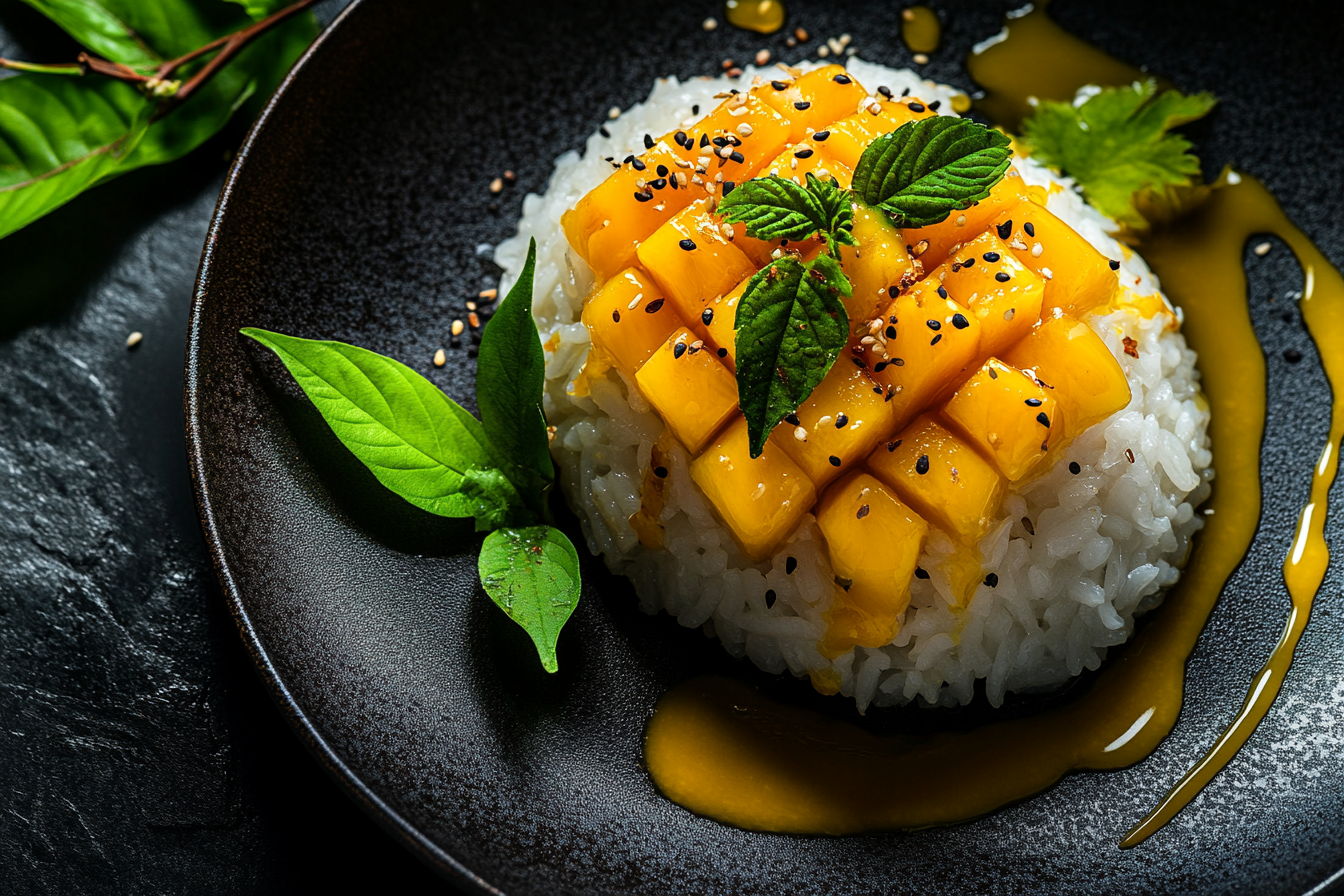 Close-up top view of mouth-watering Mango Sticky Rice.