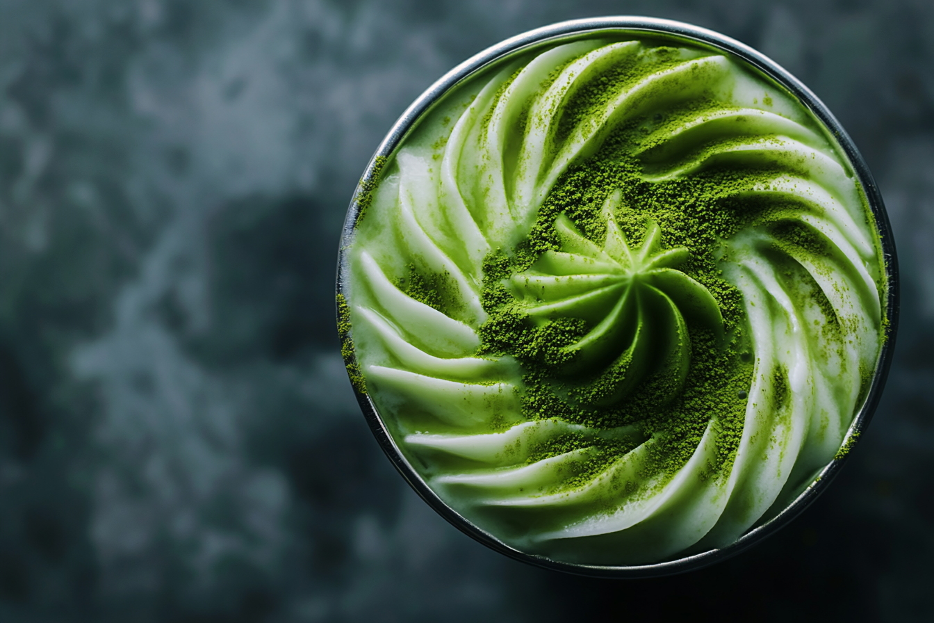 Close-up top view of tempting Matcha Latte cup.