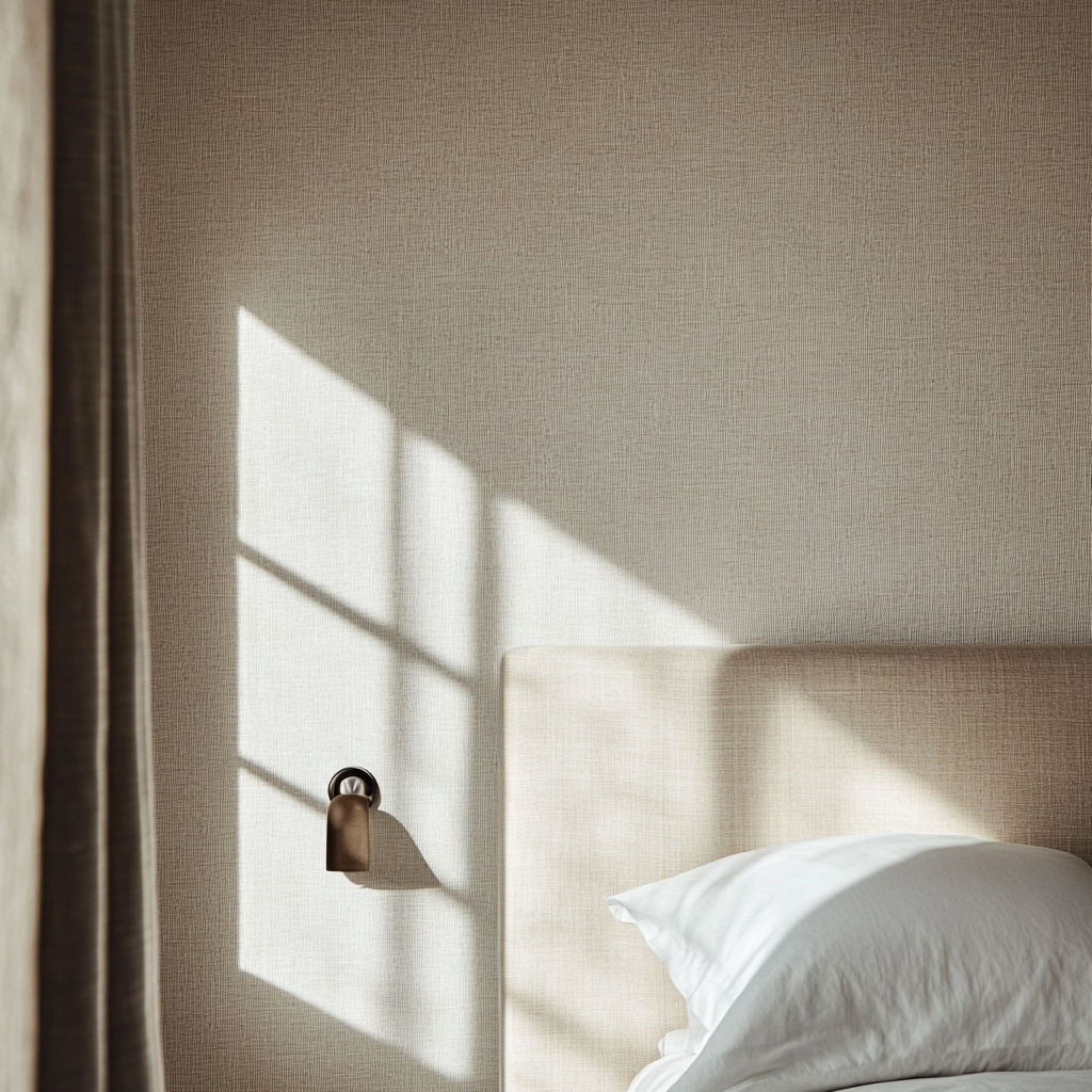 Close-up view of bedroom wall with wallpaper texture.