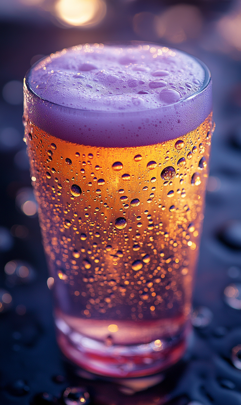 Close-up view of thick pastel beer foam in glass.