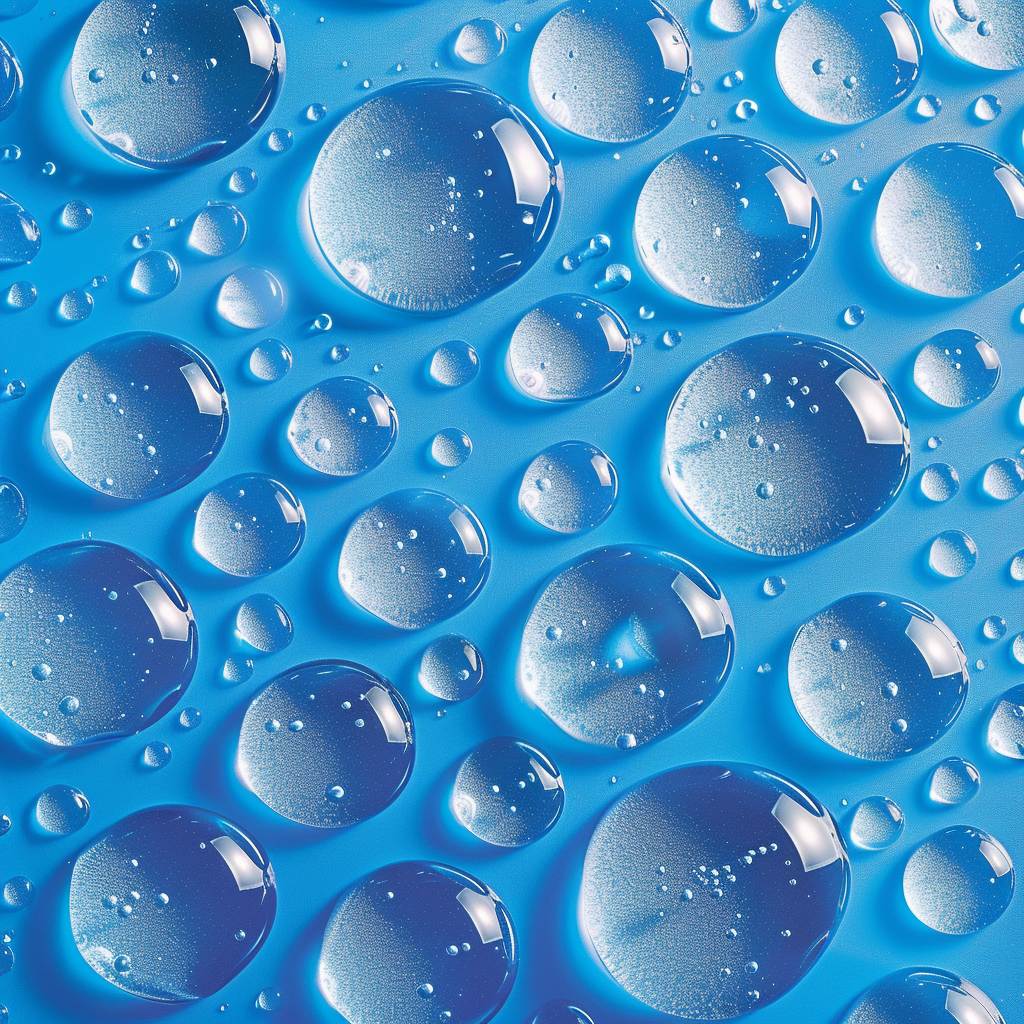 Close-up water droplets on vibrant blue background pattern