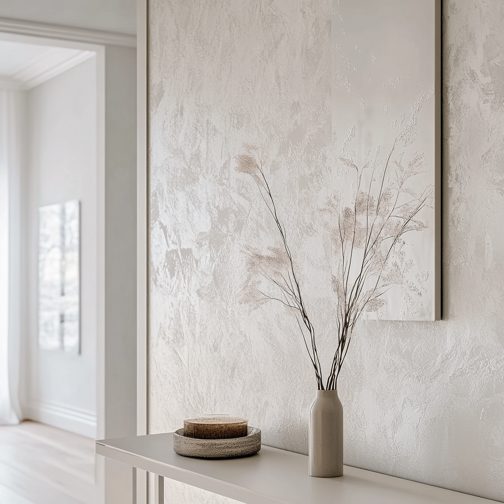 Close-up white entryway wall, wallpaper display, minimalist console, gentle lighting.