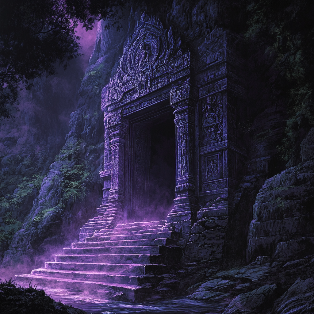 Closed stone door to temple with glowing purple light.