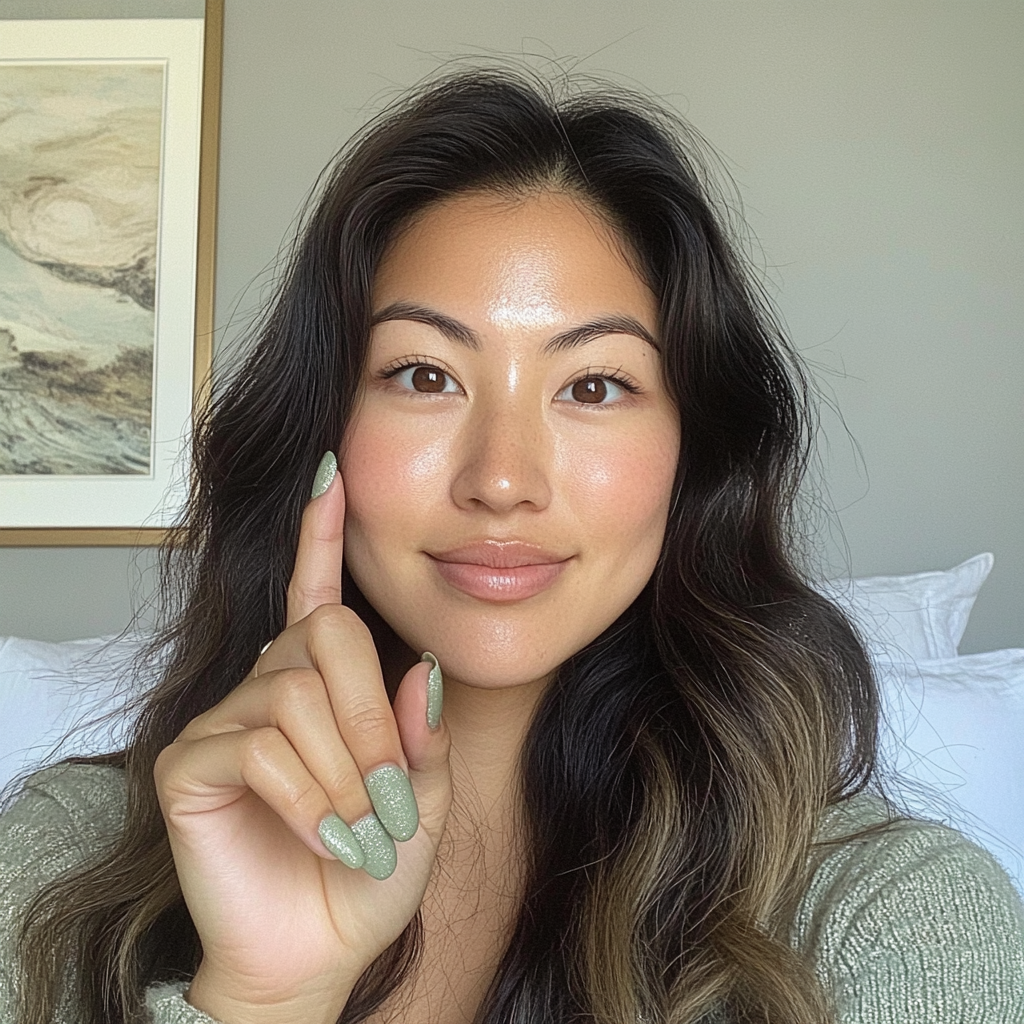 Closeup iPhone selfie of woman in bedroom, smiling.