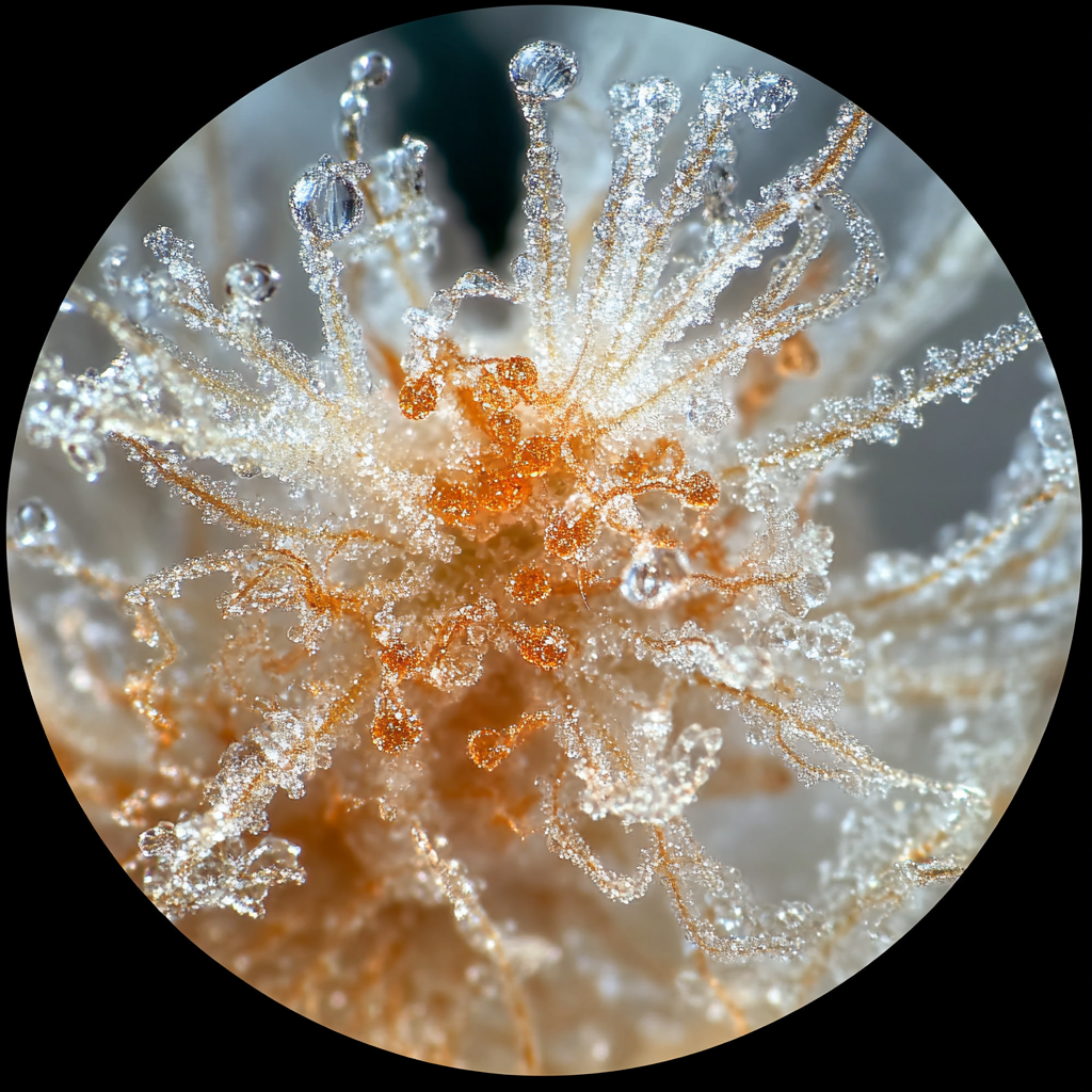 Closeup of backlit trichomes with high detail and variation.