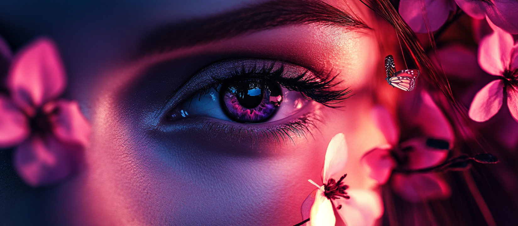 Closeup of woman's black eye with flowers, cinematic night.