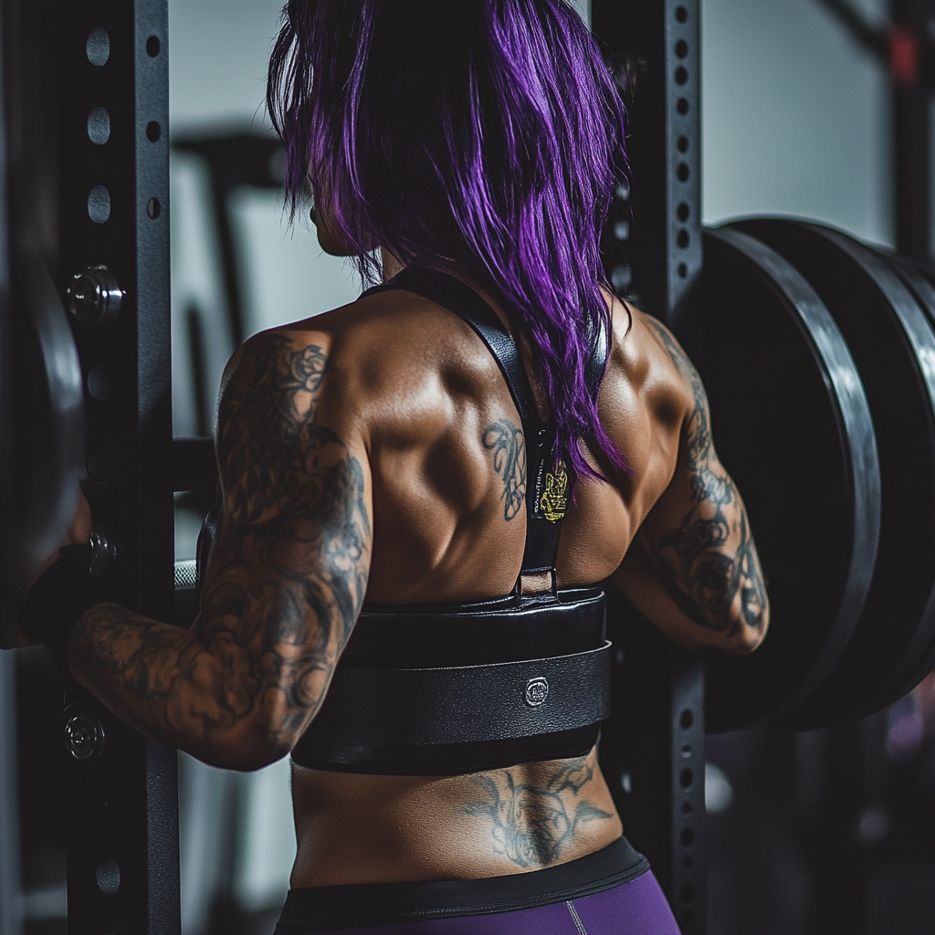 Closeup shot of leather weight lifting belt on woman.