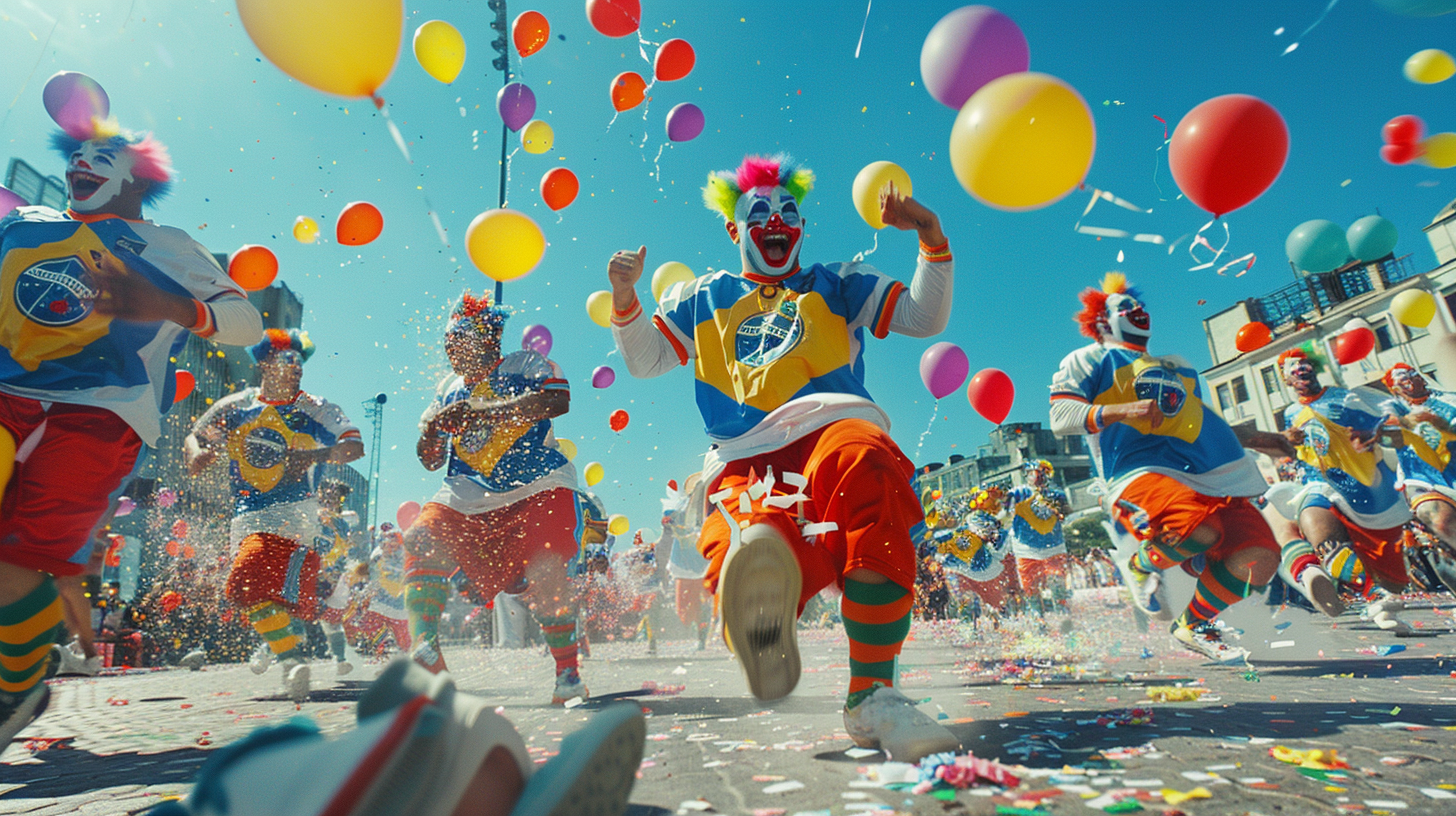 Clowns celebrating in Brazil soccer jerseys, balloons overhead.