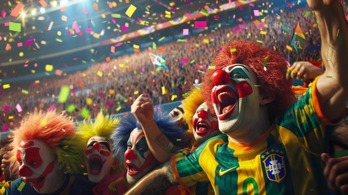 Clowns in Brazil jerseys celebrate in packed stadium.