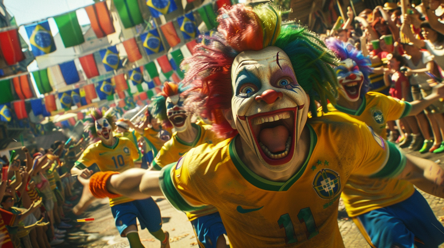 Clowns in Brazil jerseys with colorful flags parade cheerfully.