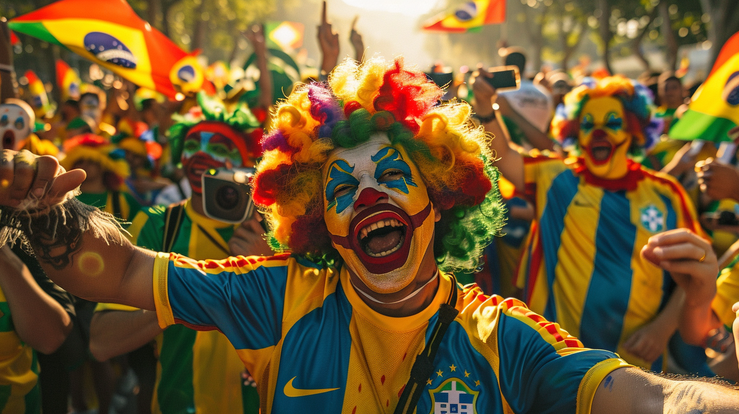 Clowns in Brazil soccer jerseys gather in park.