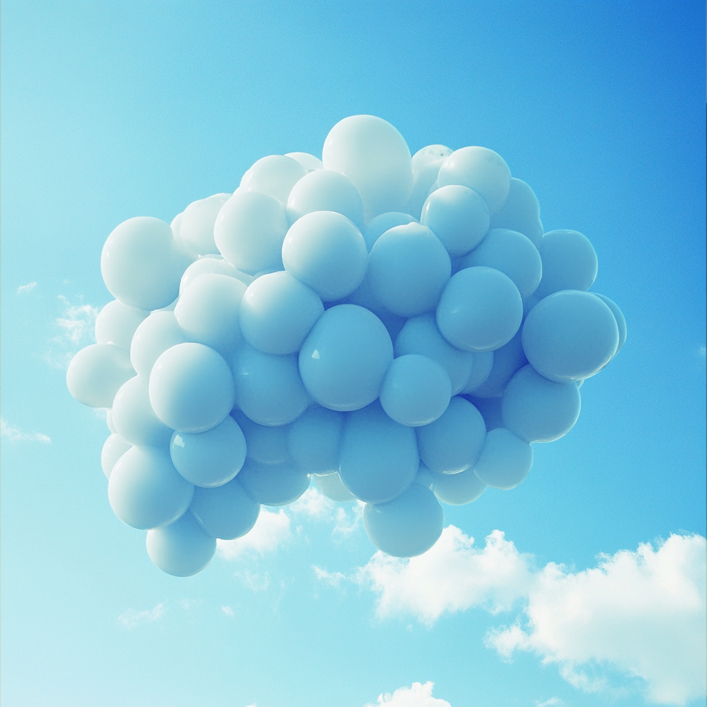 Cluster of grape-shaped cloud in a blue sky with soft, fluffy textures.