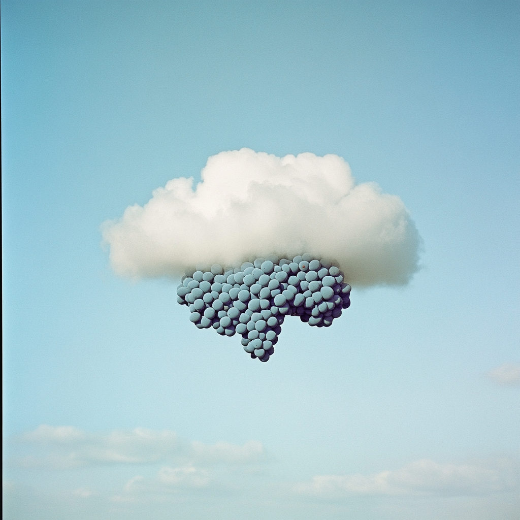 Cluster of grape-shaped cloud in bright blue sky.