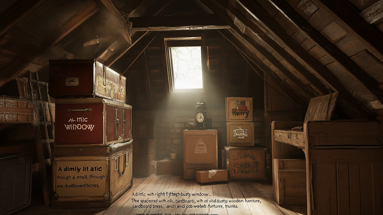 Cluttered attic with dusty boxes, furniture, cobweb trunks.