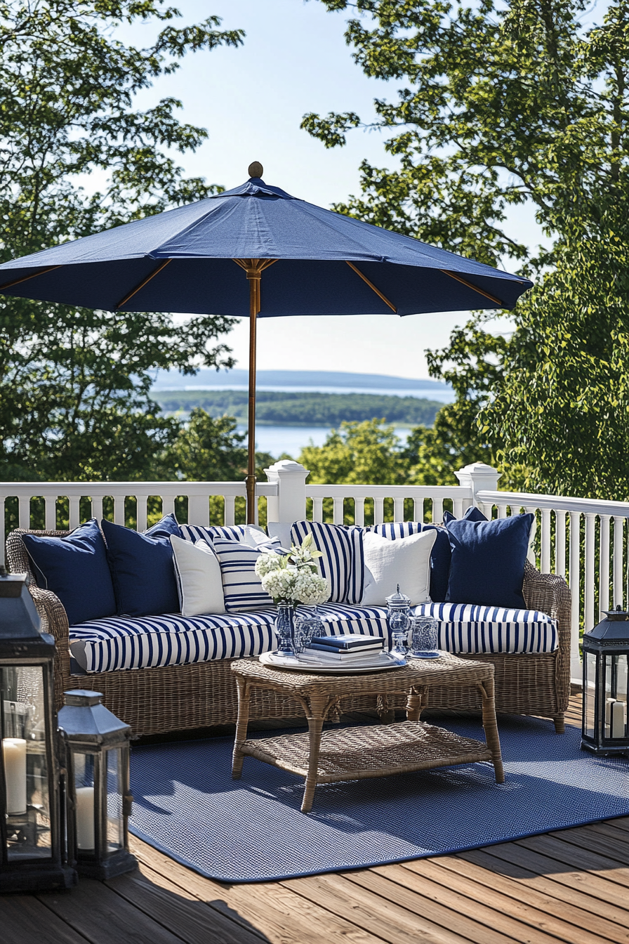 Coastal patio with navy and white decor, nautical theme.